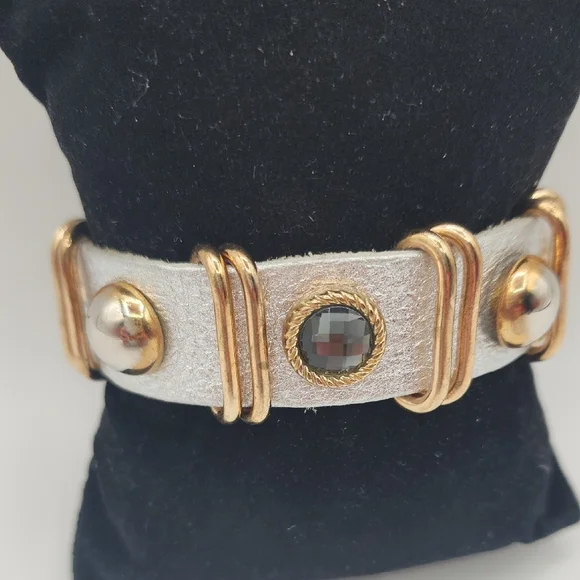 Leather Snap Gold and Silver Bracelet - Picture 3 of 15
